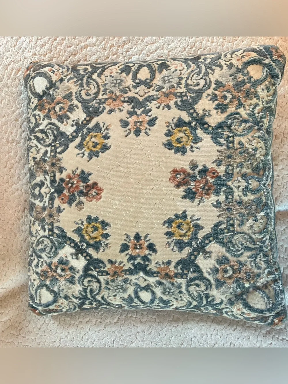 VTG Belgian Tapestry Velvet Throw Pillow Floral Pastel 12in Cottagecore Granny